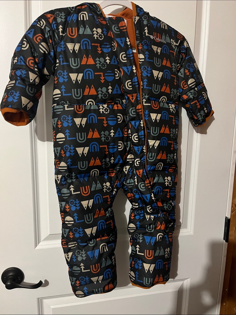 Columbia Black Insulated Kids Footie with Orange & Blue Geometric Print